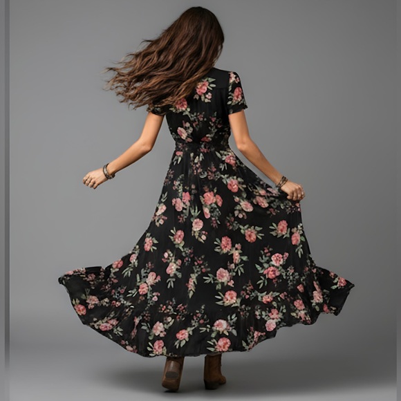 Black Boho Rose Floral Print Button Front Split Thigh Dress - Picture 4 of 14